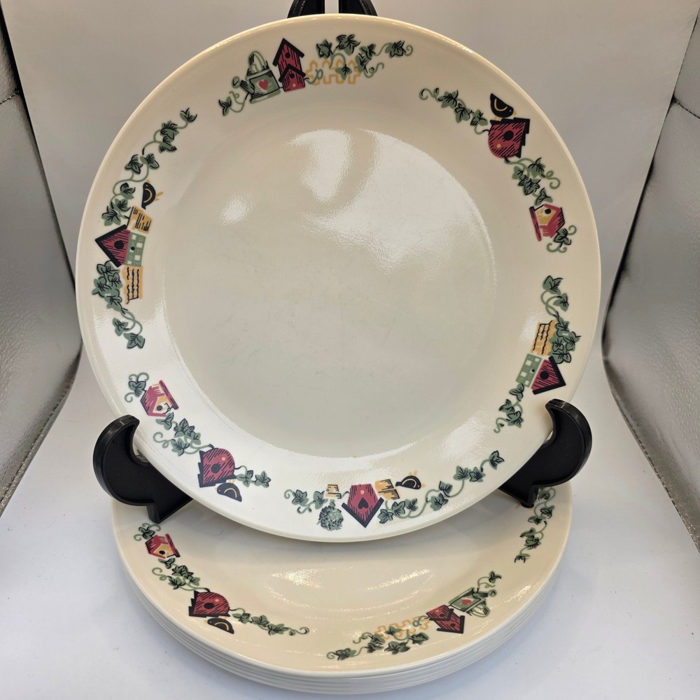 Set of 6 Vintage Corelle Garden Home Dinner Plates Cream Birdhouse Farmhouse